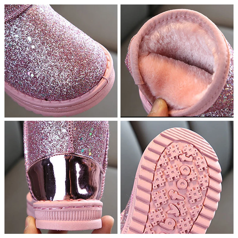

Winter Children Snow Boots Girls Bling Sequins Cotton Shoes Students Thicken Plush Warm Short Booties Soft Non Slip Kids Shoes