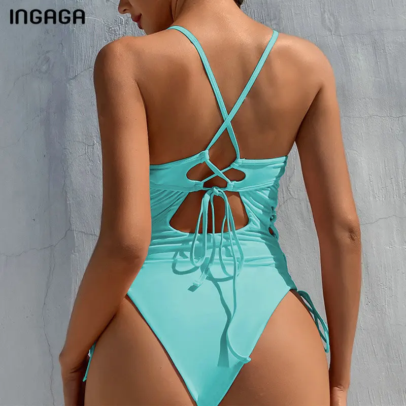 

INGAGA Push Up One Piece Swimsuits Women's Swimwear Lace-up Bodysuits Solid High Cut Bathers 2021 Sexy Backless Bathing Suits