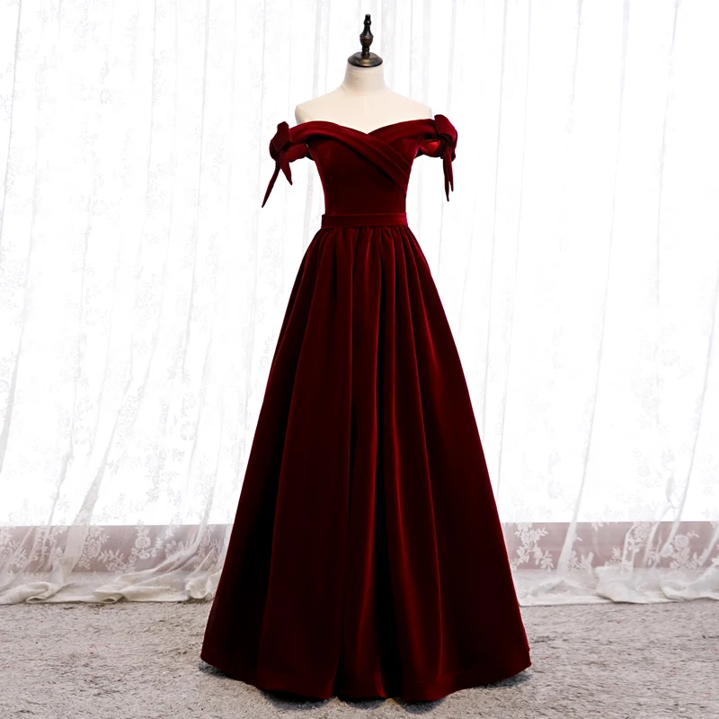 

Evening Dress Boat Neck Empire Short Sleeves Lace Up Floor-Length Burgundy Luxurious A-Line New Party Formal Dresses Woman B1223