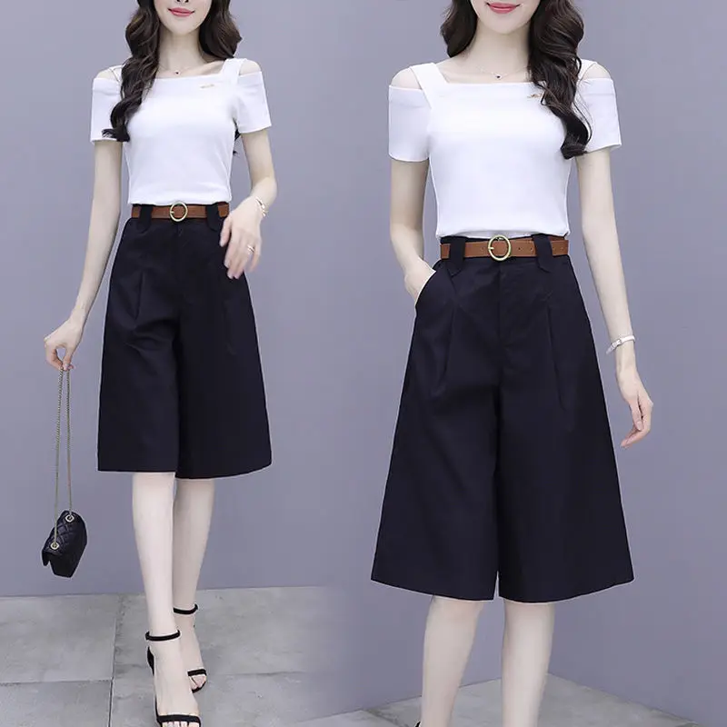

2021 Women Spring Summer New Vintage Set Lady Solid Short Sleeve T-Shirt Wide-leg Pant 2 Piece Set Female Casual Loose Suit D582