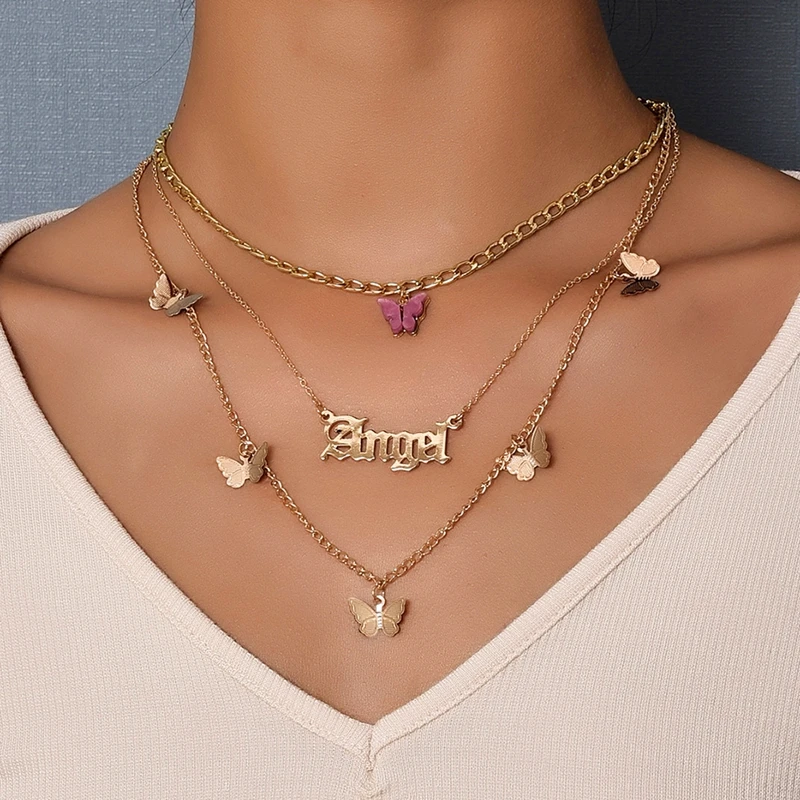 

ZOVOLI New Layered Butterfly Angle Pendant Necklace Gold Chain Choker Necklaces For Women Girl Boho Fashion Jewelry 2021 Trend