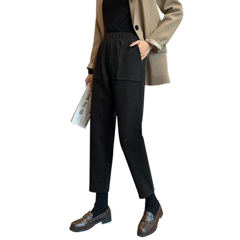 

2020 autumn winter new women's woolen wide-leg pants women's big pockets outer wear loose harem pants