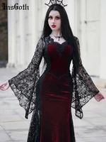 insgoth gothic vintage velvet wine red dresses aesthetic lace flare long sleeve long dress elegant women clothes party dress
