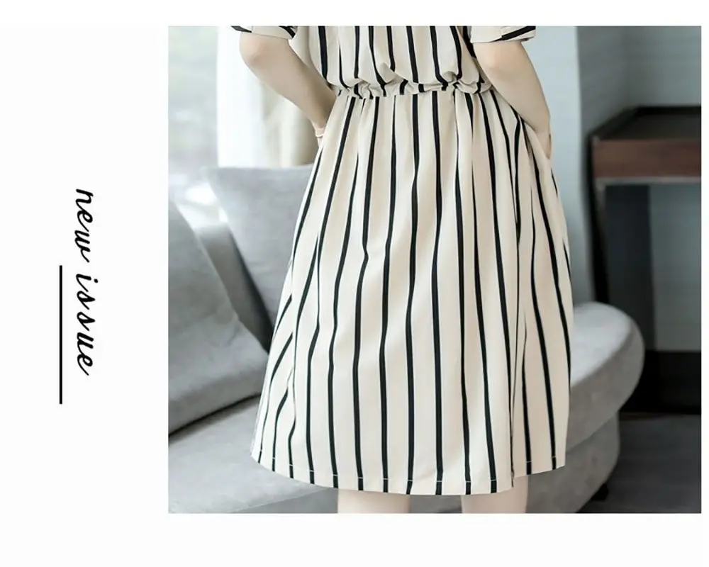 

Ladies Elegant Fashion Summer Dress A Line Black and White Stripes Midi Dress Short Sleeve O-Neck Comfort Shirt Dress Plus Size