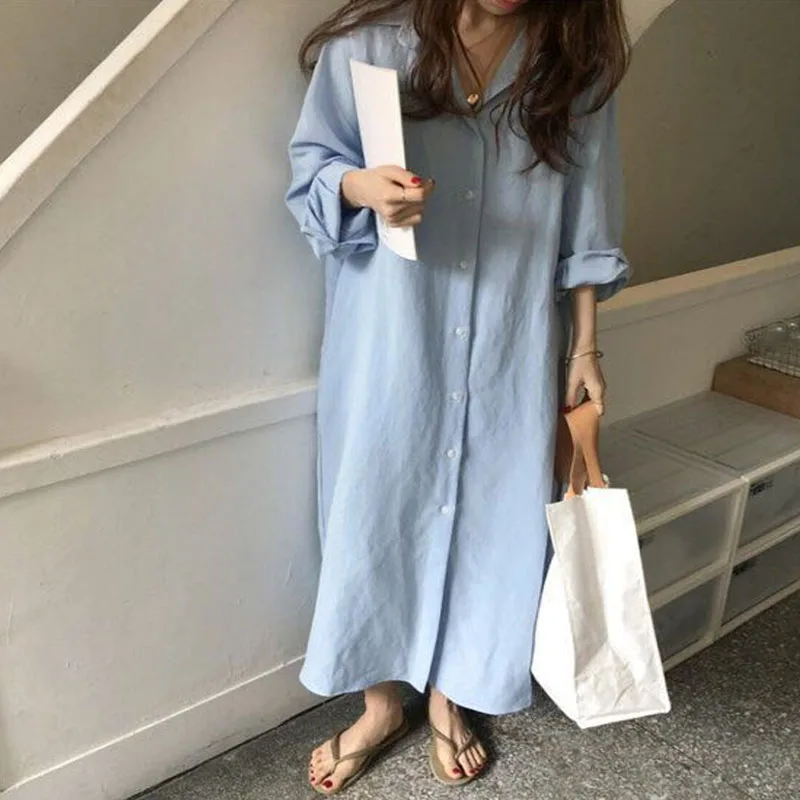 2020 корейский стиль весна осень Женское Платье рубашка с отложным воротником