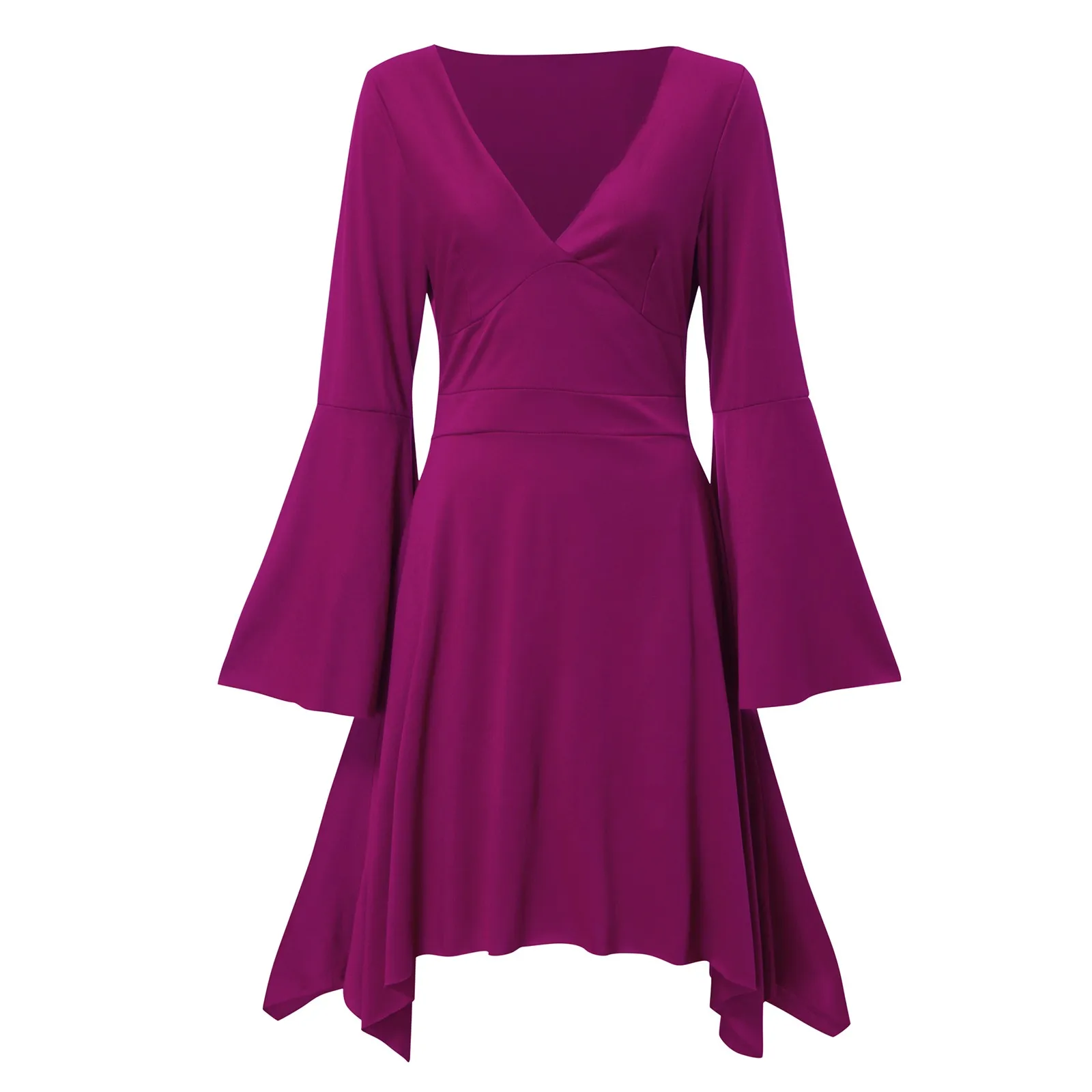 

Women V-Neck Slim Retro Irregular Hot Pink Dress