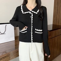 pull femme knitted turn down collar women sweater solid long sleeve top white pockets office lady ladies sweater spring autumn