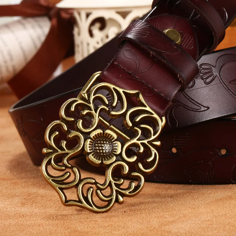 Brand Women Belt Designer Genuine Leather Vintage Carved Flower Strap Girls Ladies' Belts For Jeans Smooth Buckle Accessories