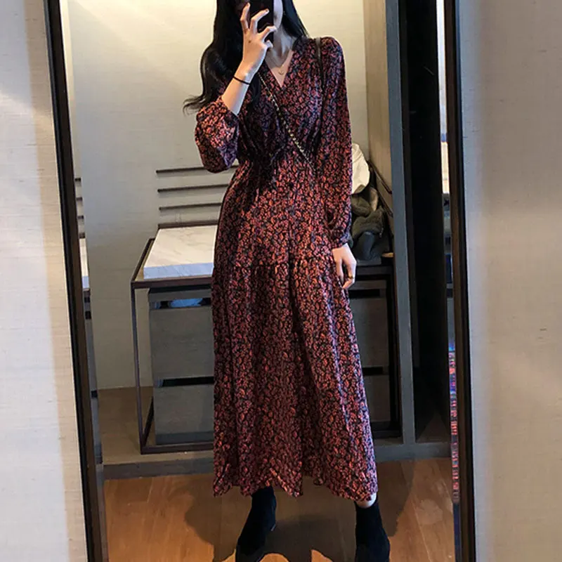 

Spring Date Dress Long Maxi Design Temperament Lady Korea Style A Line Floral Printed Vintage Retro Dress Red