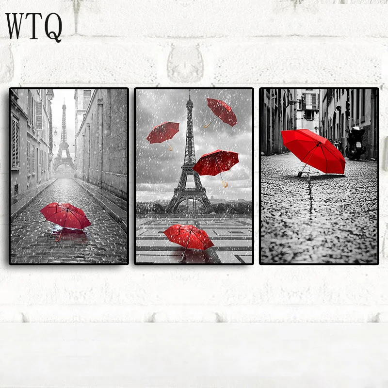 Черно-белая красная Эйфелева башня Зонт плакат и печать на холсте картина