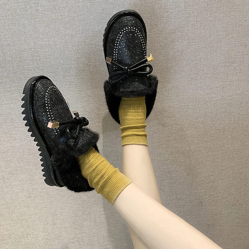 Shiny Glitter Snow Boots Women Fashion Warm Plush Ankle Boots Woman Non Slip Botas Mujer Butterfly-knot Decoration