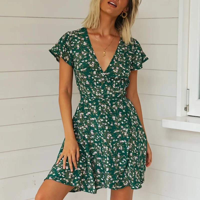 

Женское платье с V-образным вырезом и цветочным принтом, повседневное пляжное мини-платье с коротким рукавом, зеленые платья с запахом и поя...