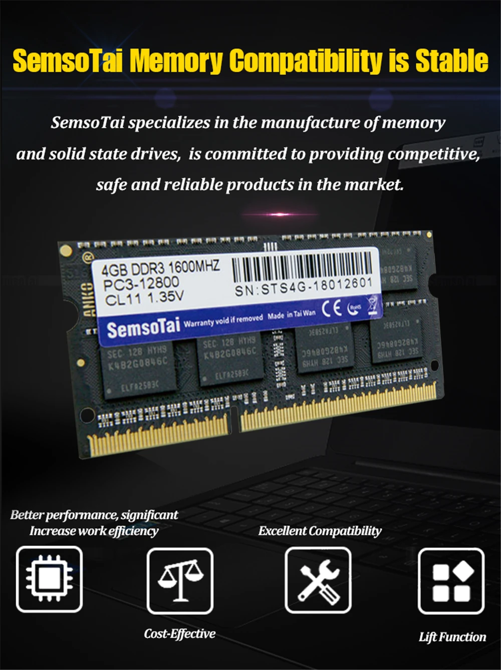 SemsoTai ram ddr3 4gb 8gb 1600MHz Память 204Pin PC3-12800 CL = 11 1,35 v пожизненная гарантия память оперативная память ddr 3 8g для ноутбука