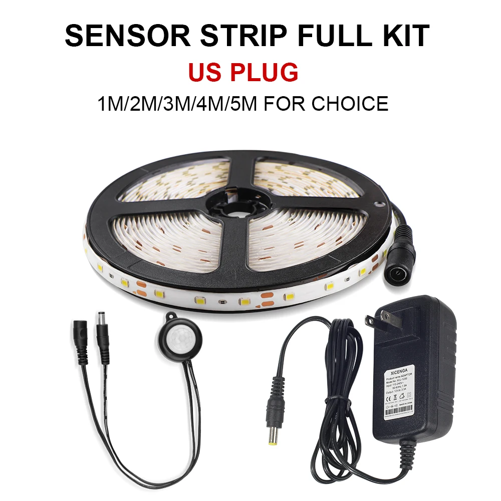 Sensor Kit US Plug Движения Сенсор Светодиодные ленты светильник 12V 2835 SMD 60 Светодиодный S/m Сенсор ночной Светильник кровать светильник с автоматическим выключением таймер светильник - Испускаемый цвет: Sensor Kit US Plug