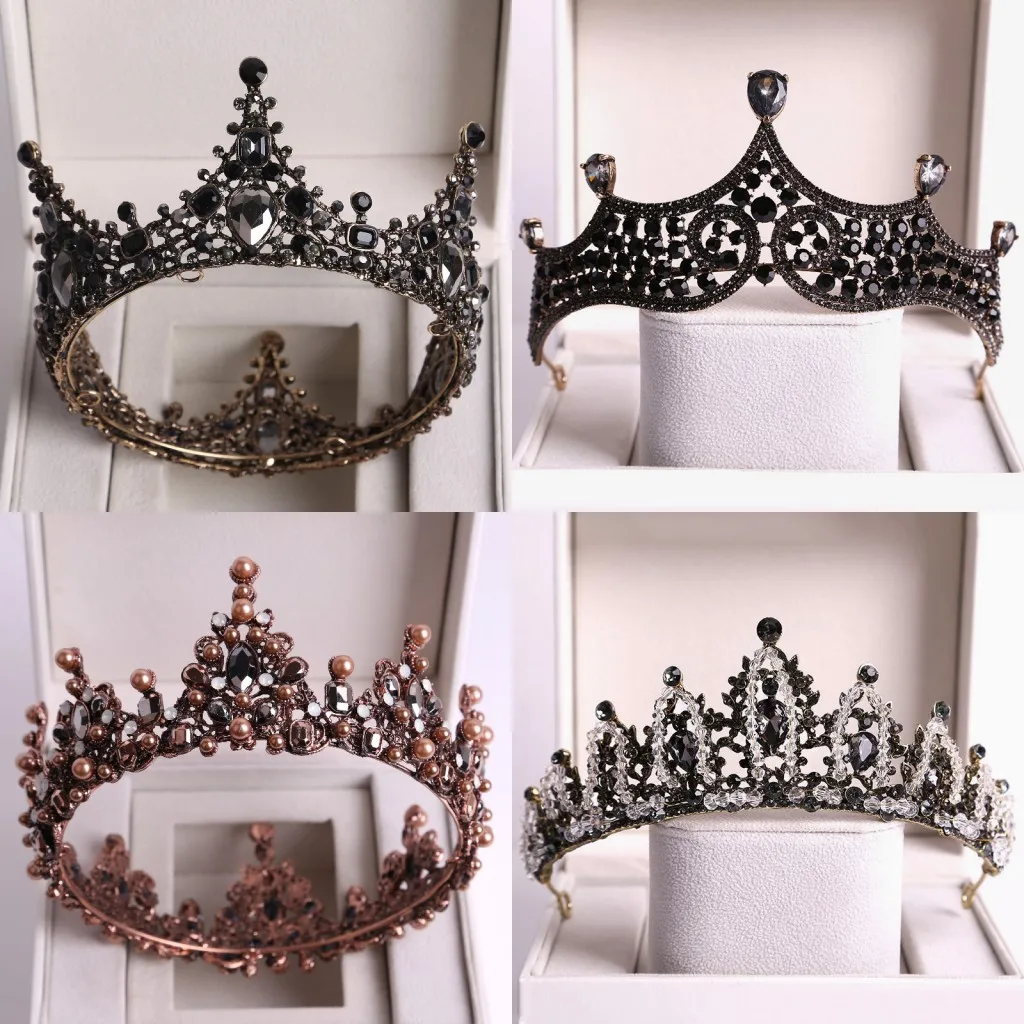 

Baroque Black Crystal Big Round Bridal Tiaras Crowns Pageant Prom Diadem Rhinestone Veil Tiara Headband Wedding Hair Accessories