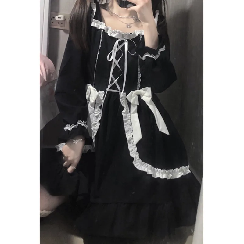 

Summer Lolita Dress Girl Sweet Gothic Black Lolita 2021 New High Waist Slim Long Sleeve Dress Women Sexy Vintage Party Dress
