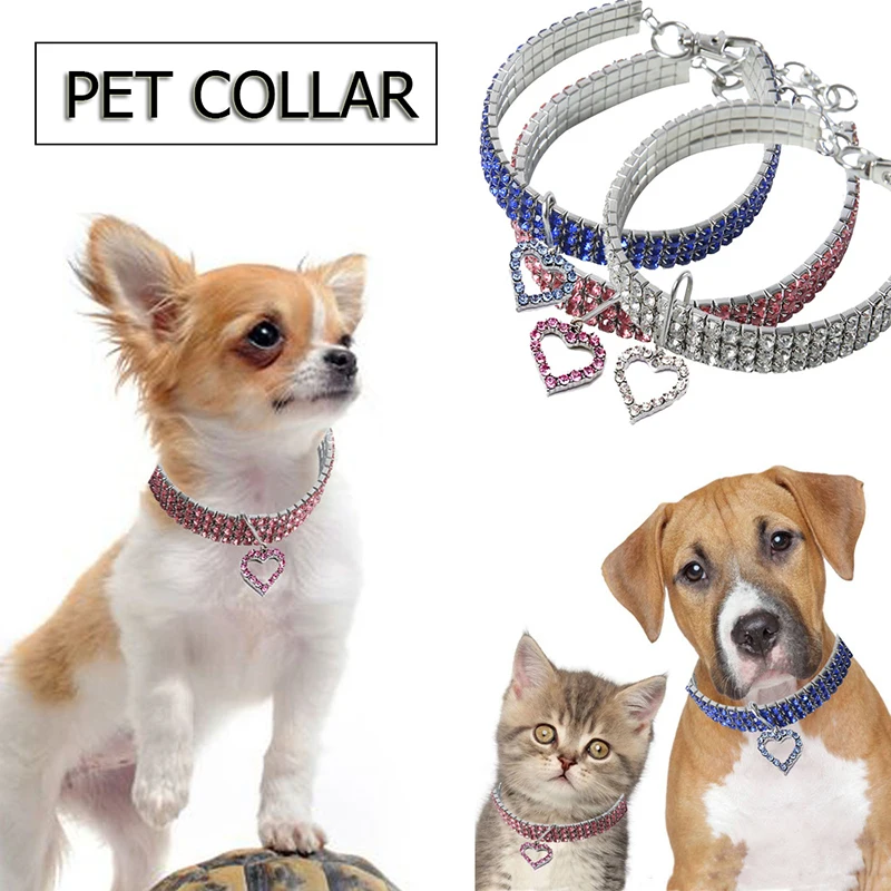 

Cute Neck Ring Shiny Universal Cat Dogs Collar Safety Adjustable Buckle Neck Strap Heart Shape Crystal Rhinestone Pet Supply