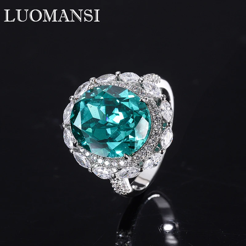 

Luomansi Super Flash 12*14MM Tourmaline Paraiba Silver Ring Woman S925 Fine Jewelry Wedding Party Birthday Gift