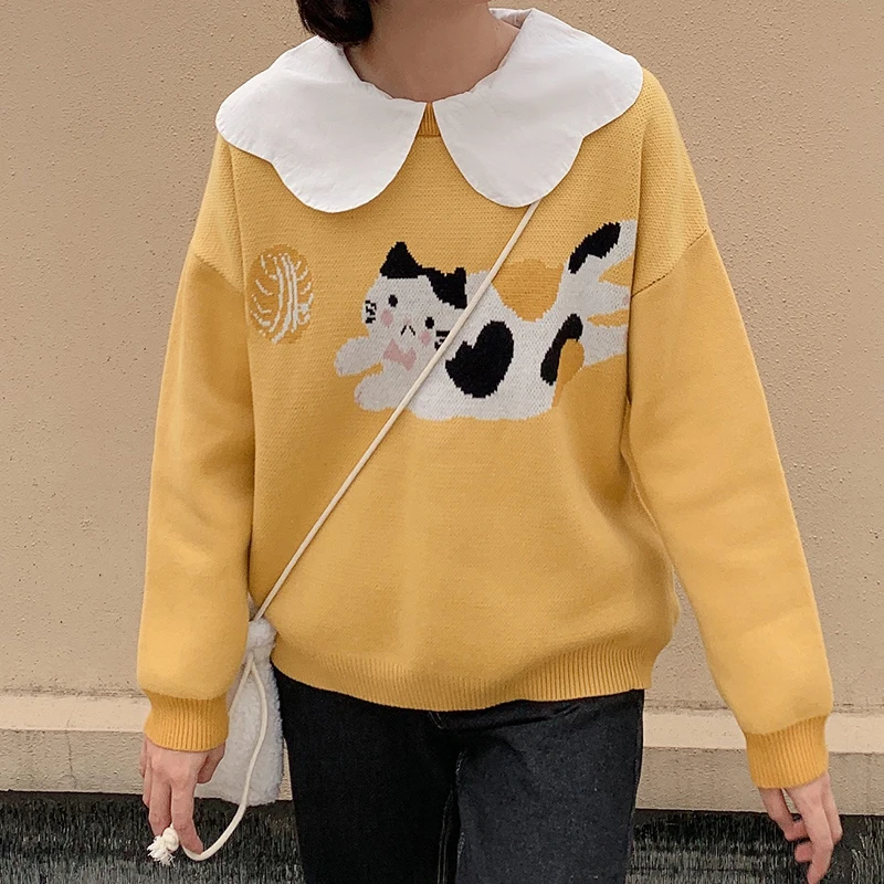 

HWLZLTZHT Japanese Autumn Pullover Cartoon Sweater Loose Knitted Sweater Soft Female Sweater Student lovely Sweater Girl