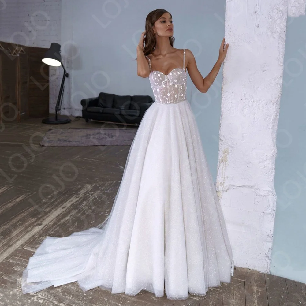 

2022 потрясающие свадебные платья на бретелях-спагетти, аппликация, свадебное платье, а-силуэт, блестящее Тюлевое платье для невесты, свадебное платье