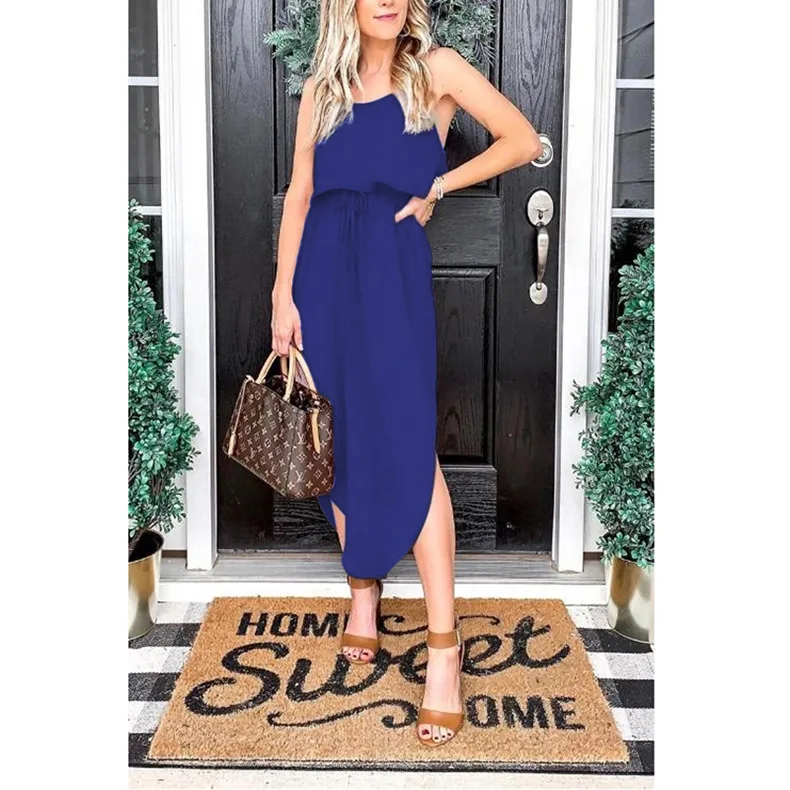 

2021 Women Summer Solid Color Suspender Cape Split Halter Dress Tighten Waist Irregular Skirt Holiday Casual Clothes
