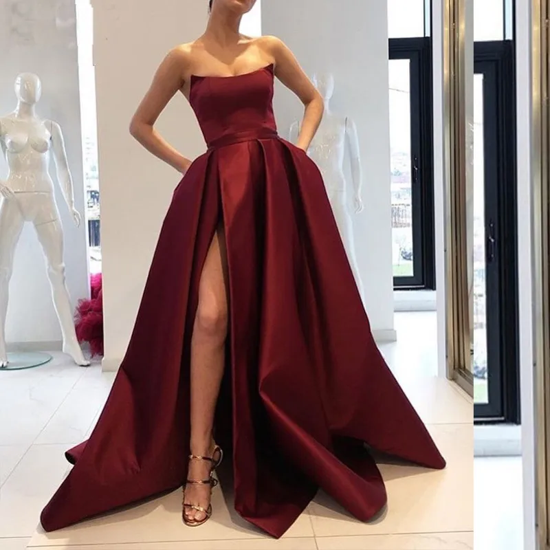 

Burgundy Satin Prom Dresses with Pockets Side Slit Strapless Elegant Long Evening Party Gowns Wine Red Women Formal Dress