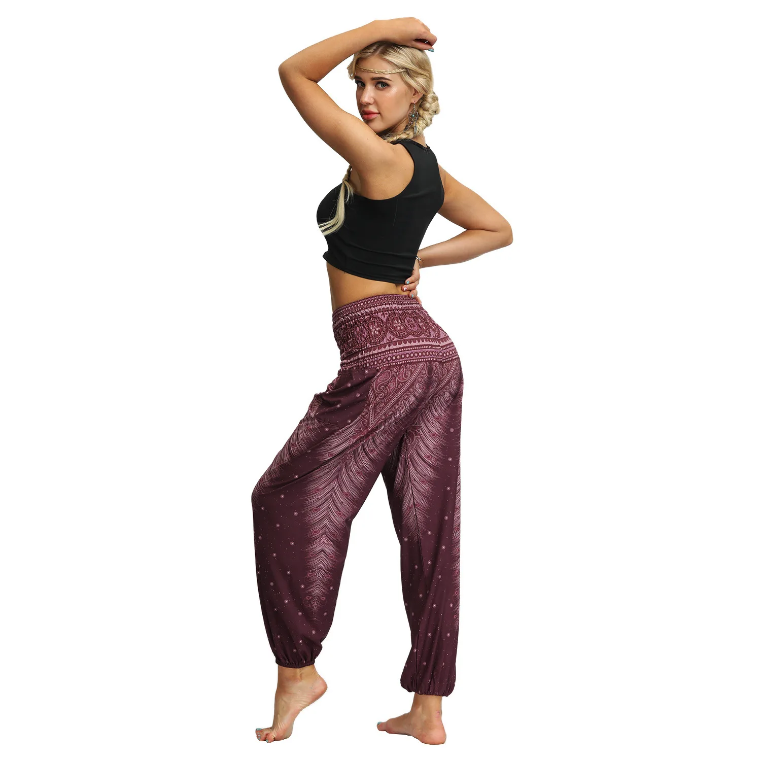 Эластичные прямые свободные брюки трубы с принтом перьев и высокой талией