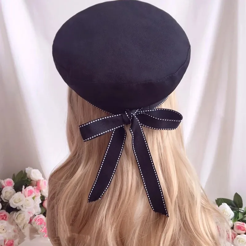 Girl Heart Soft Sister LOLITA Bow Ribbon Navy Wind Beret All-match Blue And White Hat Cosplay Performance Handwork Hair Hat Girl