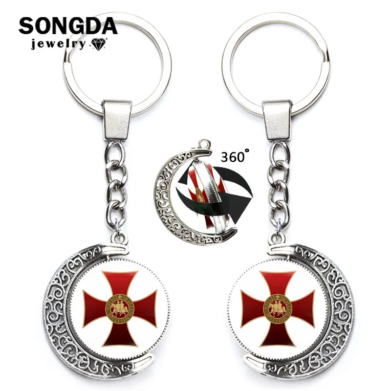 

Knights Templar Cross Keychain Crusader Solomon Masonic Sign 360 Degrees Rotated Moon Metal Pendant Key Ring Mens Amulet Jewelry