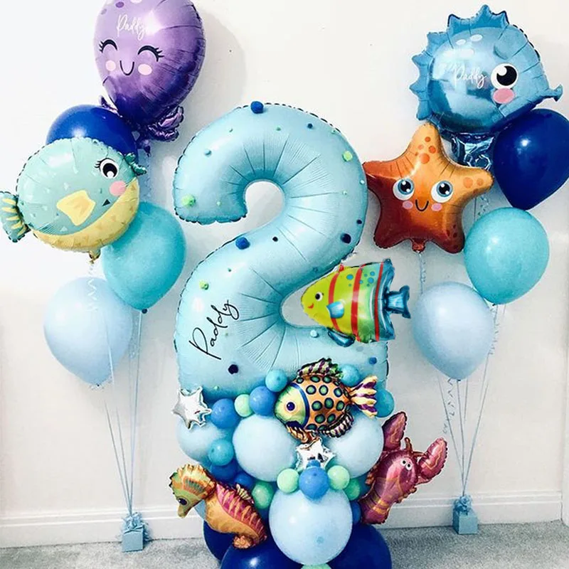 

44pcs Under Sea Ocean World Animal Balloon Blue 40inch Number Foil Balloons Sea Party Theme Birthday Party Baby Shower Favors