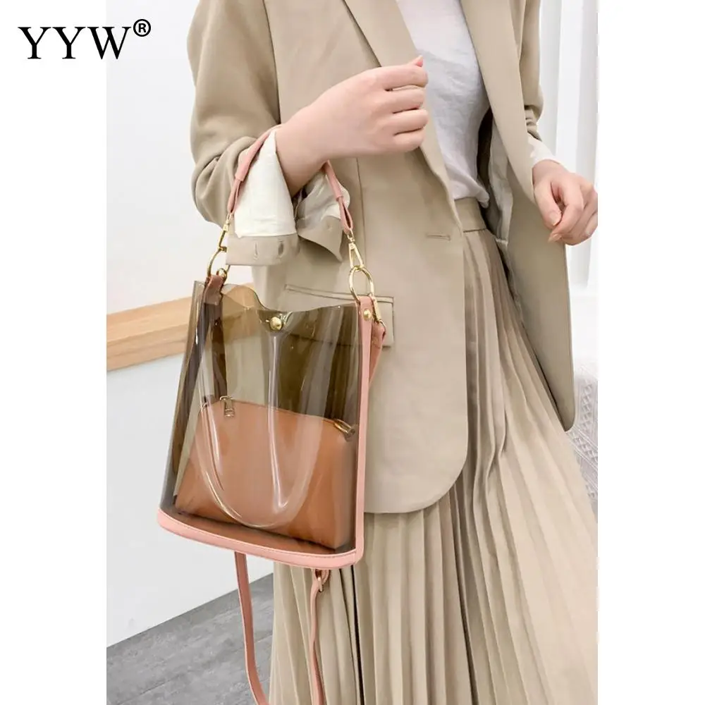 

Large Capacity Clear Tote 2 Piece Bag Transparent Shoulder Bag Female Fashion Handbag Teenager Girl Black Bucket Bag 2020 New