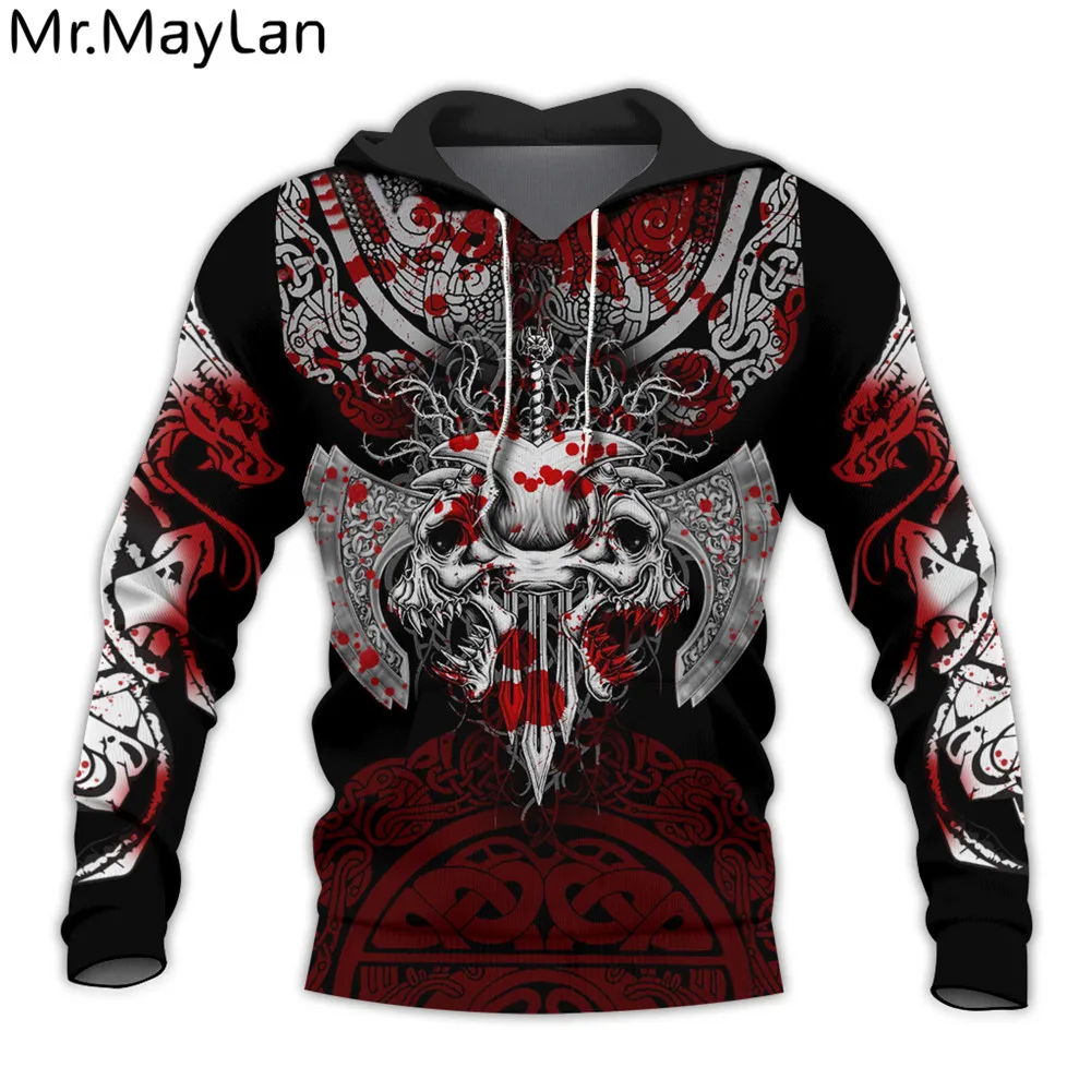 

Новые мужские толстовки/свитшоты с 3D-принтом викингов и татуировками в скандинавском стиле Harajuku, модные пуловеры с капюшоном и длинным рукавом, уличная одежда унисекс