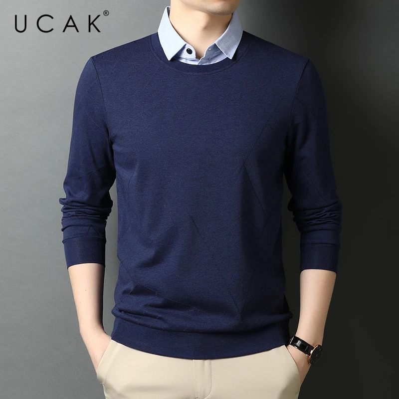 

UCAK Brand Classic Casual Turn-down Collar Solid Color T Shirt Men Clothes Autumn Cotton Streetwear Long Sleeve T-Shirts U5728