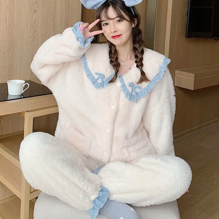 

Autumn and Winter New Coral Velvet Pajamas for Female Students Sweet and Cute Plus Velvet Thick Thick Warm Home Service