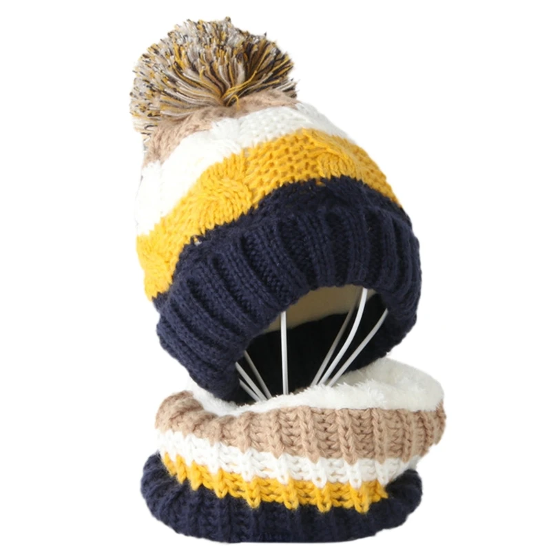 

Kids Winter Cable Knit Beanie Hat Scarf Set Pompom Stripes Plush Lined Skull Cap