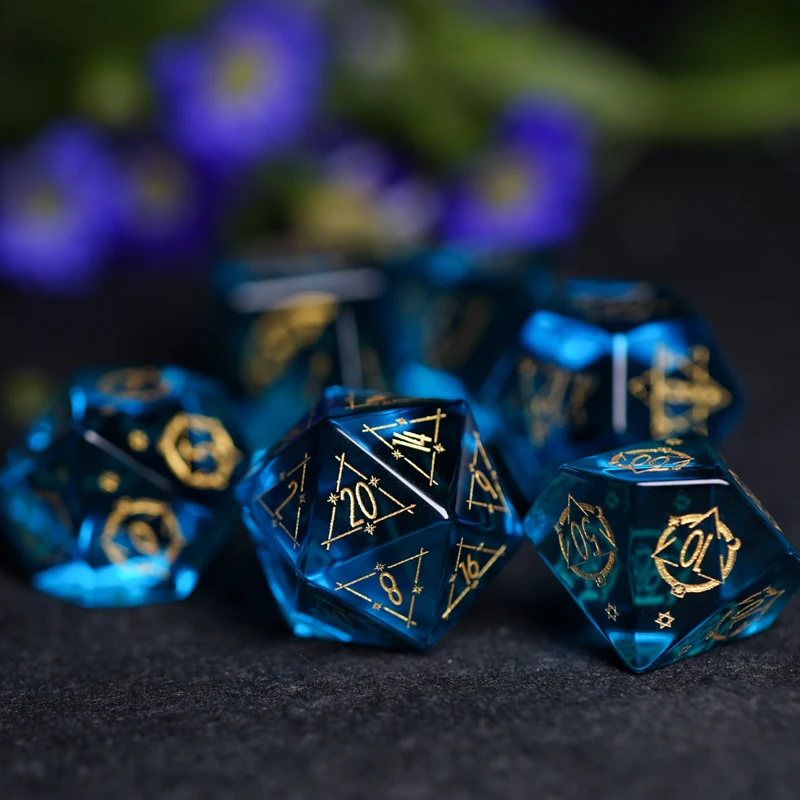 

Blue Resin Platonic Geometry Dice Set Stone Magic Matrix Symbol Cthulhu Dice Energy Sign Polyhedral Dice For D&D RPG Board Games