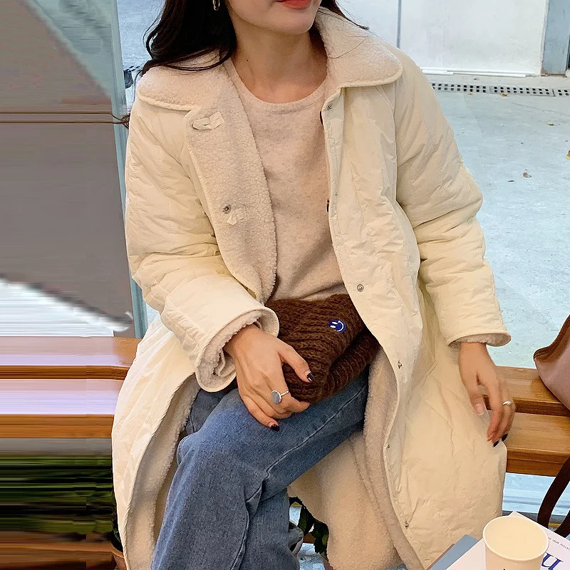 

Korean Chic Winter Temperament Versatile Lapel Single Breasted Loose Lamb Wool Thickened Warm Cotton Coat Women's Coat