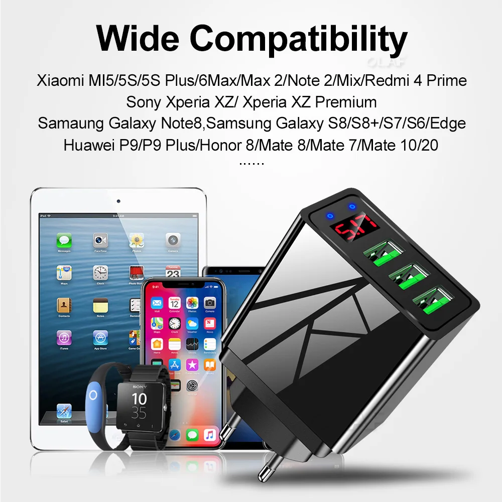 

LED Digital Display USB Charger Fast Charging For iphone 7 8 Samsung S10 Plus EU US UK 3 Port USB Mobile Phone Charger Adapter