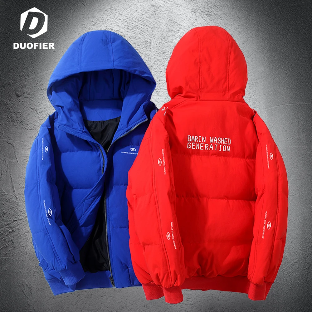 

New Warm Men's Light Down Jacket Men Women Fashion Hooded Print Coat Short Youth Slim Fit Coat Down Jackets Padded Outwear Black