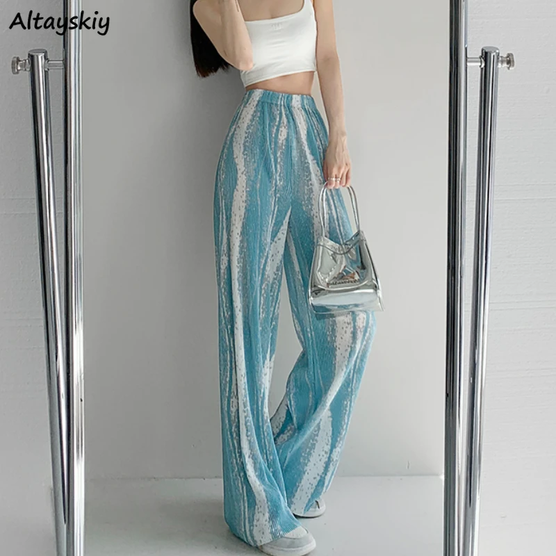

Women Pants Summer Ulzzang Tie Dye Elegant Fashion Full-length High Waist Green Casual Party Baggy Comfort Street Female