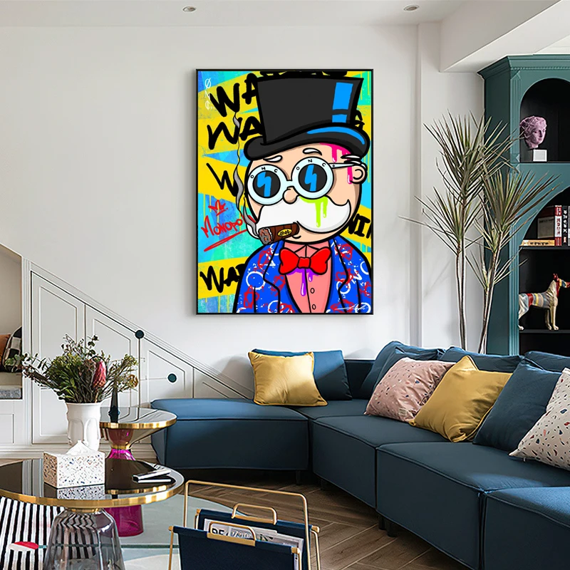 Картина на холсте "Alec Monopoly Man Cartoon" с граффити и стрит-артом, постеры и печати в современном стиле для домашнего декора гостиной.