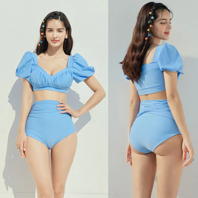 Купальник с высокой талией 2020 однотонный комплект бикини рюшами женский