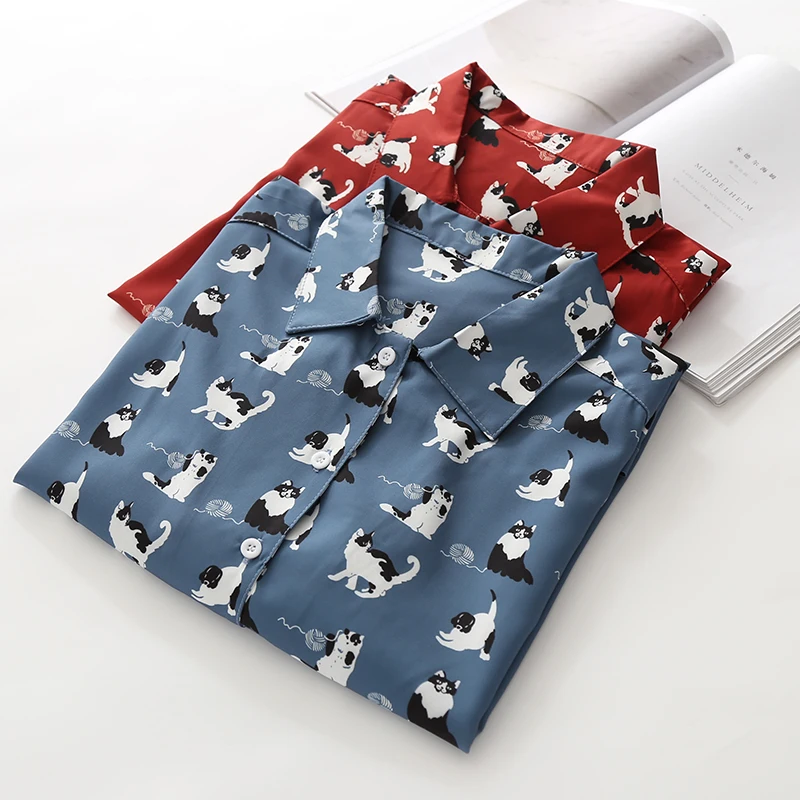 Шифоновая рубашка с длинными рукавами и рисунком кошек | Женская одежда