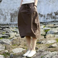 women autumn bud skirts natural waist cotton linen skirt elastic waist plus size solid skirts art style loose skirt s m l