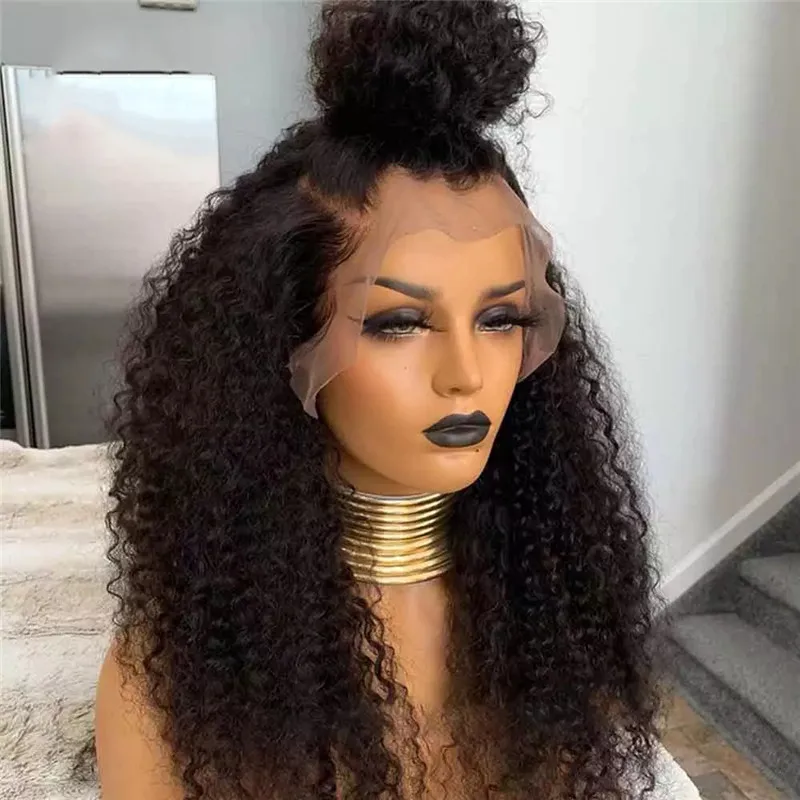 

Natural Black 180%Density 26Inch Soft Kinky Curly Free Part Natural Hairline Lace Front Wigs Hair Wig With Baby Hair Free Shipp