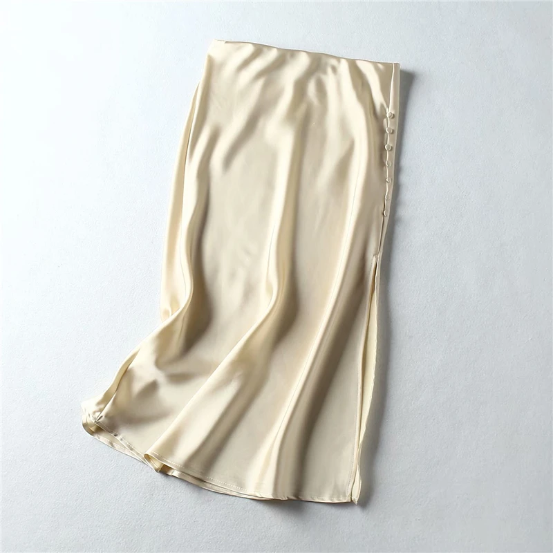 

Vintage Midi Skirts Womens 2021 Summer Elegant Satin Skirt Ladies High Waist Long Skirts Sexy A Line Slit Skirts Korean Style