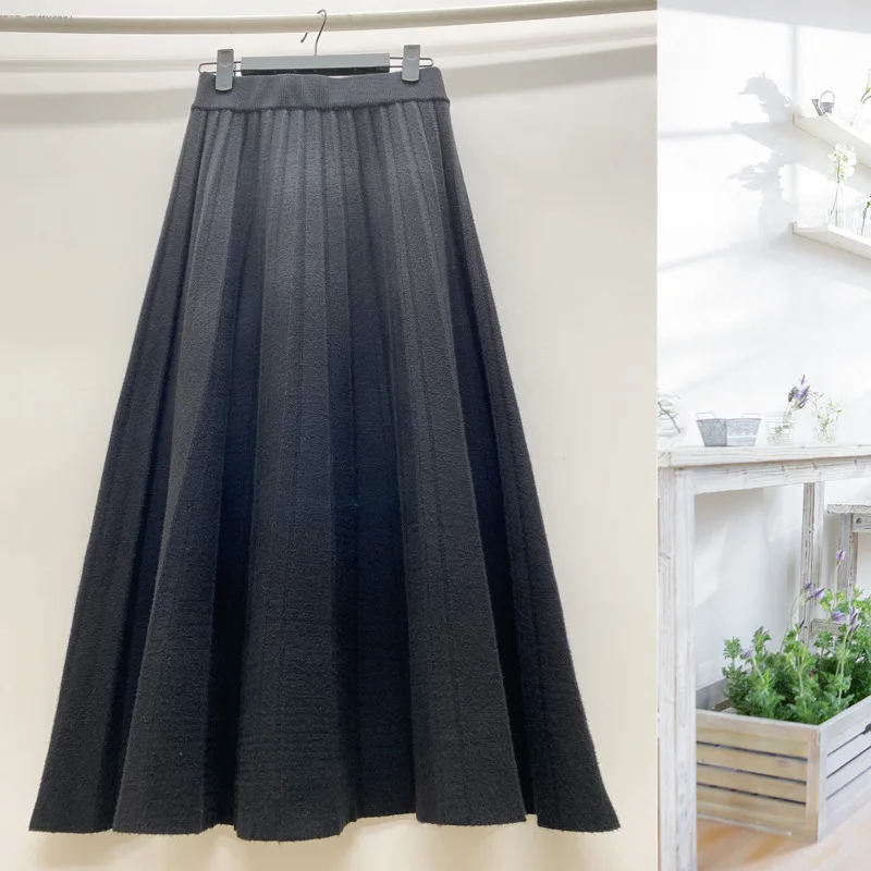 

Autumn and winter new slim long skirt mid-length, thick a-line pleated skirt, drape high-waist knitted skirt