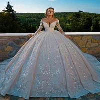 glitter dubai arabia ball gown wedding dresses long sleeves beads appliqued custom made bridal gowns crystal robe de mari%c3%a9e