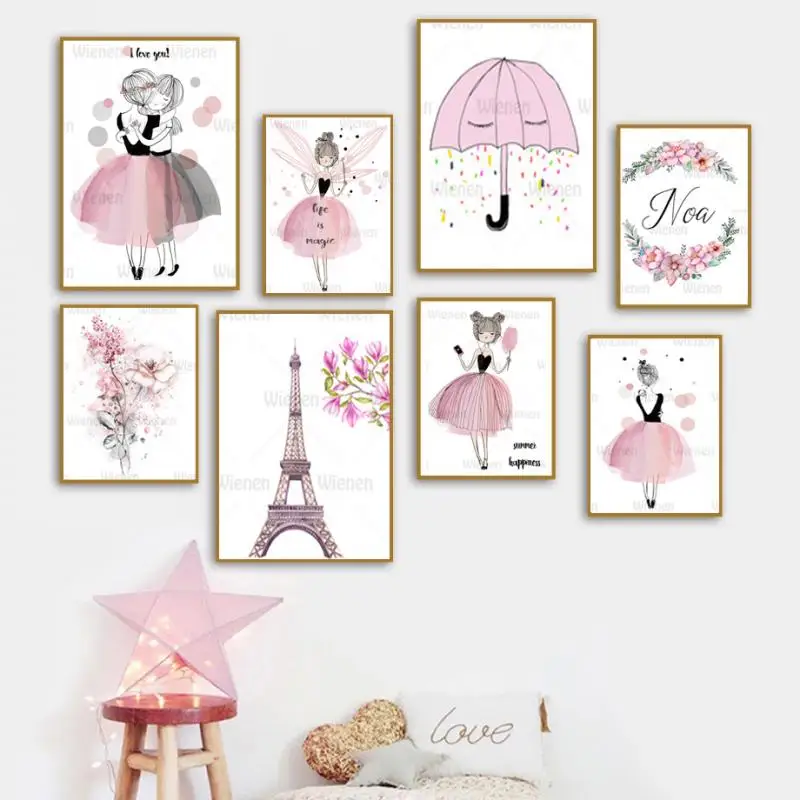 Постер в скандинавском стиле мультфильм розовая принцесса милая девушка цветы