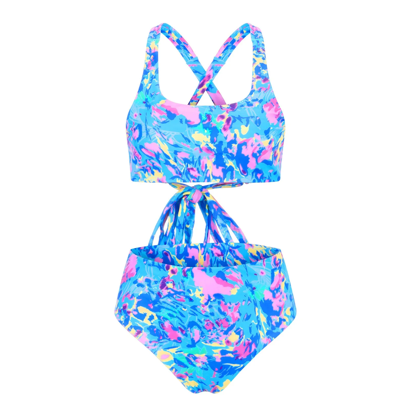 

2021 Women's Two-piece Watercolor Print Bikini Swimsuit Beachwear Bathing Suit Watercolor Cross Strap Print Temperament Swimsuit